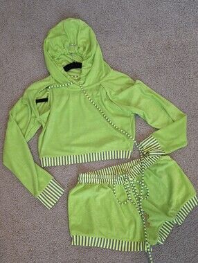 Luli Fama Lime Green Striped Trim Cropped Hoodie & Drawstring Shorts Set